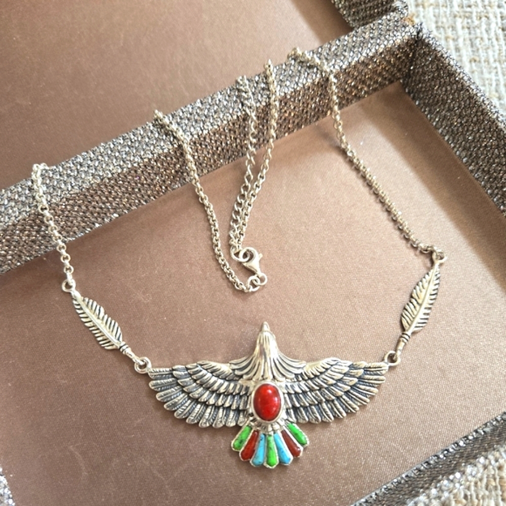 Sterling Silver Thunderbird Gemstone Necklace - image 1